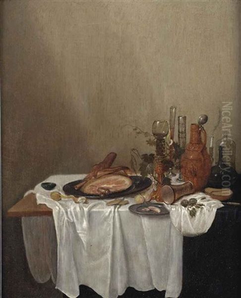 A Ham On A Pewter Plate, A Peeled Lemon, Various Jugs And Glasses, All On A Partially Draped Table Oil Painting by Gerrit Van Vucht