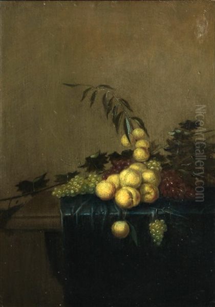 A Still Life Of Grapes And Peaches Resting On A Table Draped With A Blue Cloth Oil Painting by Gerrit Van Vucht