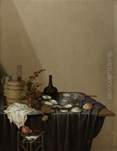 A Pewter Dish Of Oysters With Grapes, A Roemer And Bread On A Draped Table-top Oil Painting by Gerrit Van Vucht