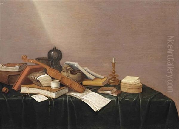 A Vanitas Still Life With Various Books, Sheet Music, A Violin, A Jenever Bottle, A Skull, And A Candlestick, All On A Draped Table Oil Painting by Gerrit Van Vucht