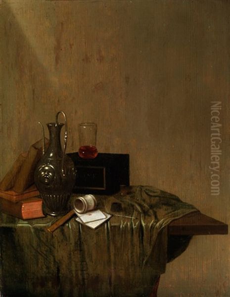 Stilleben Mit Silberkanne, Buchern, Einem Glas Auf Einer Schatulle Und Schreibzeug Auf Einem Tisch Oil Painting by Gerrit Van Vucht