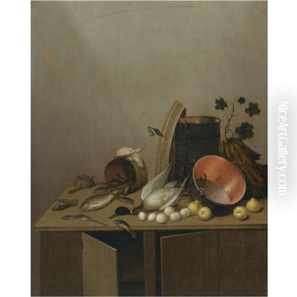 Still Life With A Dead Duck, Fish, Pears, Eggs, A Copper Pot And Other Objects, All Arranged On A Kitchen Cabinet Oil Painting by Gerrit Van Vucht