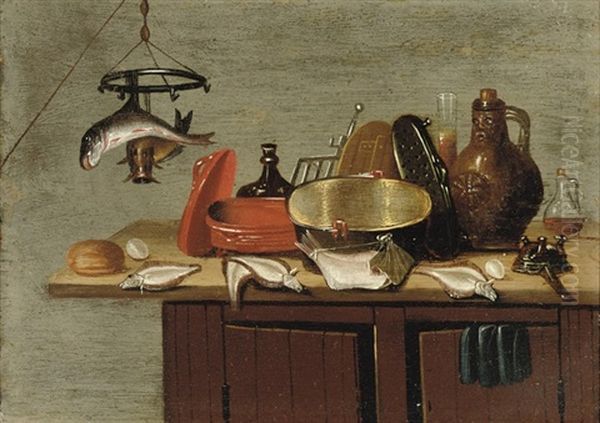 Fish, An Earthenware Vessel, A Bartmanns Krug, A Roemer And Various Other Objects Oil Painting by Gerrit Van Vucht