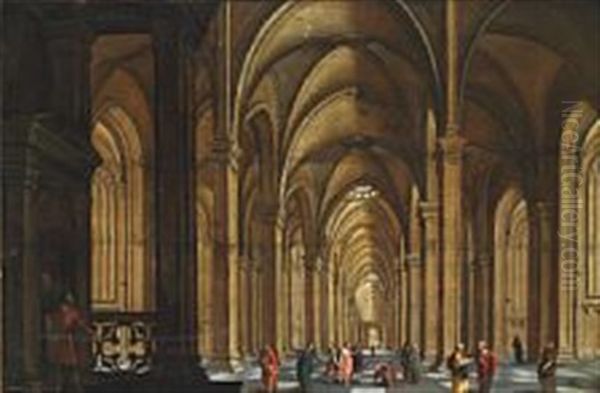 Gothic Church Interior With Christ And The Woman Taken In Adultery Oil Painting by Jan van Vucht