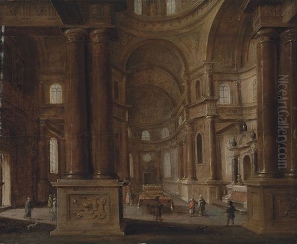 A Church Interior With Figures Conversing In The Isles Oil Painting by Jan van Vucht