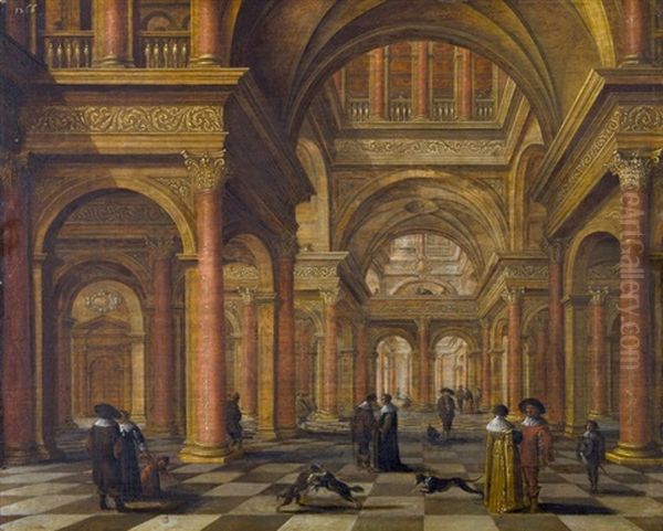 Palastinterieur Mit Eleganten Besuchern Und Hunden Oil Painting by Jan van Vucht