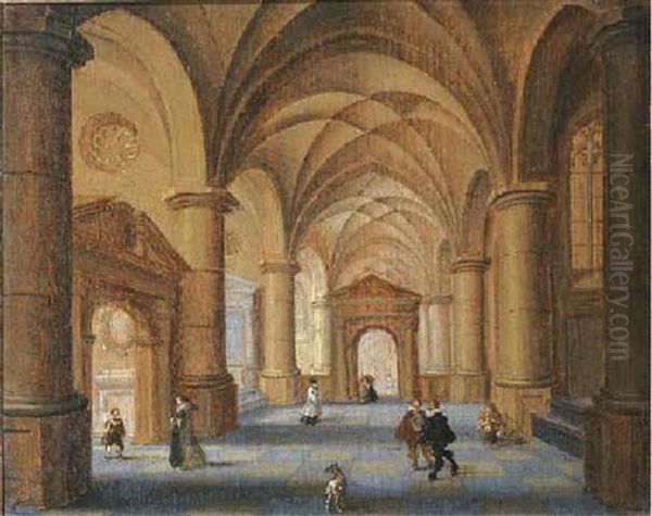 The Interior Of A Gothic Church With Elegant Company And A Dog Oil Painting by Jan van Vucht