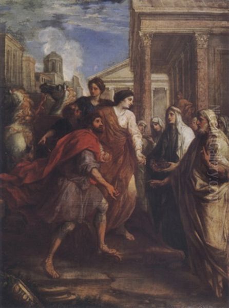 A Man And Woman Alighting From A Chariot Before A Group Of Priests And Vestal Virgins In An Classical City Oil Painting by Arnould De Vuez