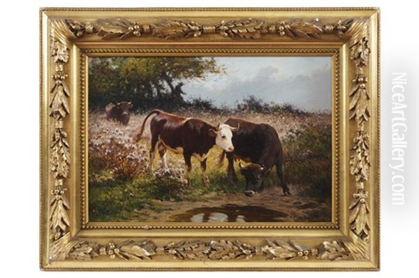 Watering Cows Oil Painting by Felix Dominique De Vuillefroy