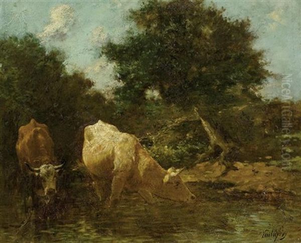 Kuhe Am Fluss Oil Painting by Felix Dominique De Vuillefroy