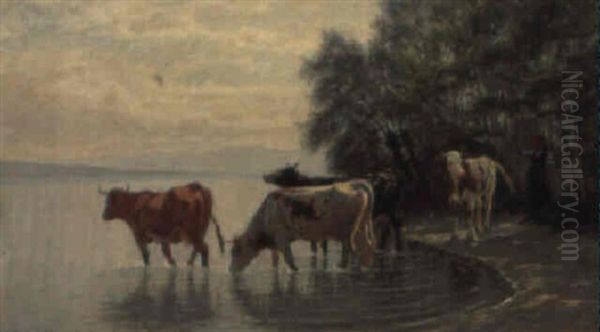 Hirtin Mit Kuhen Am Wasser Oil Painting by Charles-Joseph Vuillermet