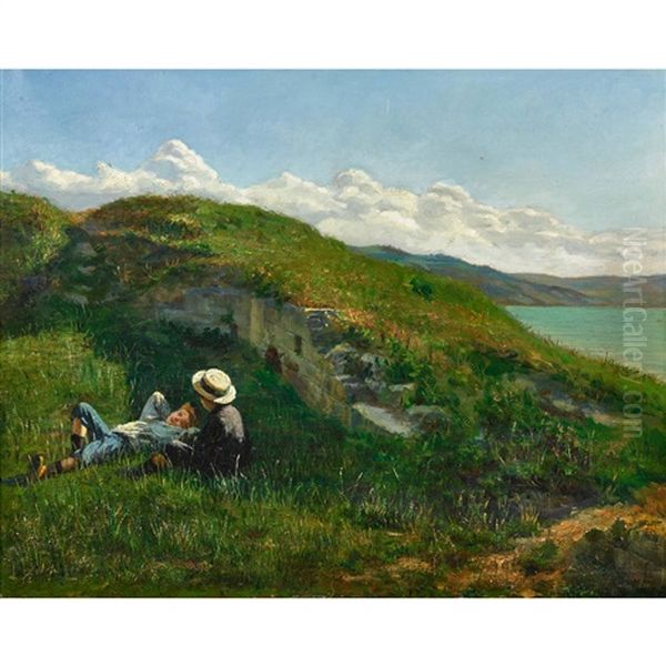 Sommerliche Uferlandschaft Mit Zwei Knaben Oil Painting by Francois-Charles Vuillermet