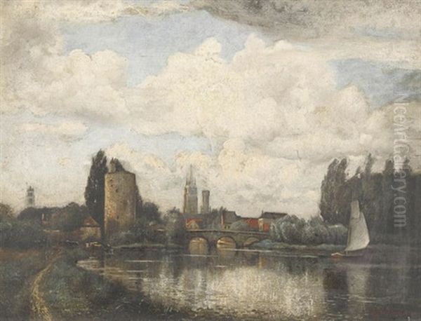 Sommerliche Flussuferpartie Am Stadtrand Von Brugge Oil Painting by Francois-Charles Vuillermet