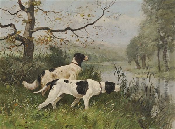 Two Hunting Dogs On The Streamside Oil Painting by Jan van Vuuren