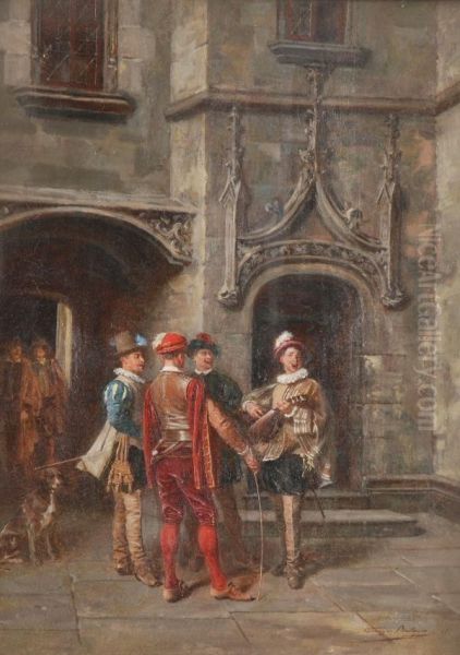 Minstrelsin A Courtyard Oil Painting by Louis Georges Brillouin