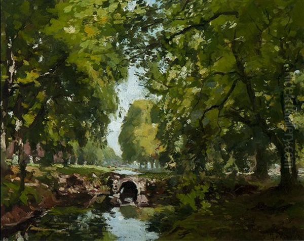 Cows Along The Water's Edge Oil Painting by Jan van Vuuren