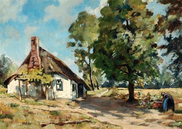 Woman Near A Farm On A Country Road Oil Painting by Jan van Vuuren