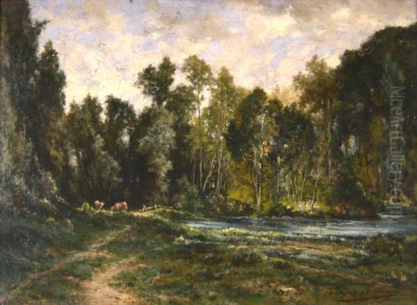 Wooded Landscape With Cows Oil Painting by Louis Georges Brillouin