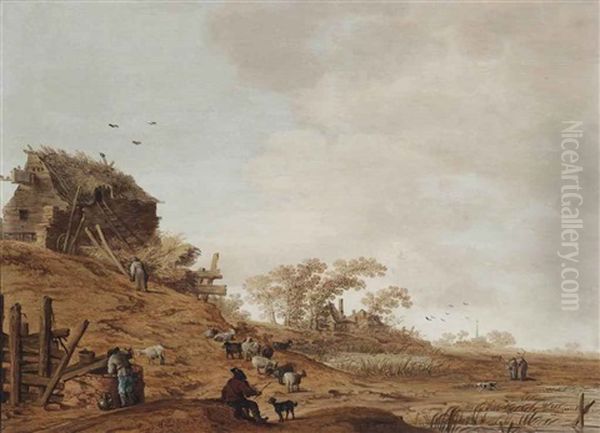 A Dune Landscape With A Herdsman And Goats Near A Well, A Village Beyond Oil Painting by Jan Harmensz. Vynck