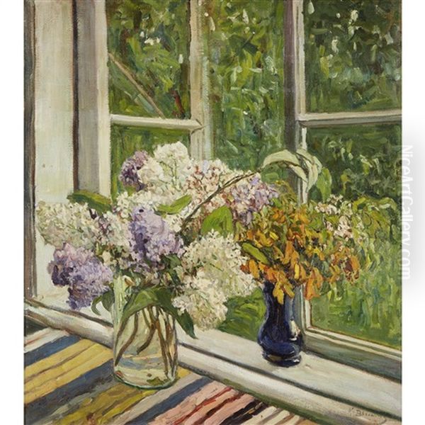 Flowers By An Open Window Oil Painting by Konstantin Semionovich Vysotsky