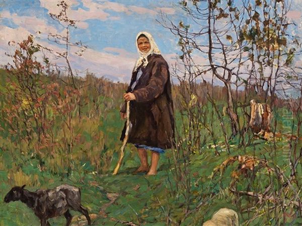 Beautiful Shepherdess Oil Painting by Konstantin Semionovich Vysotsky