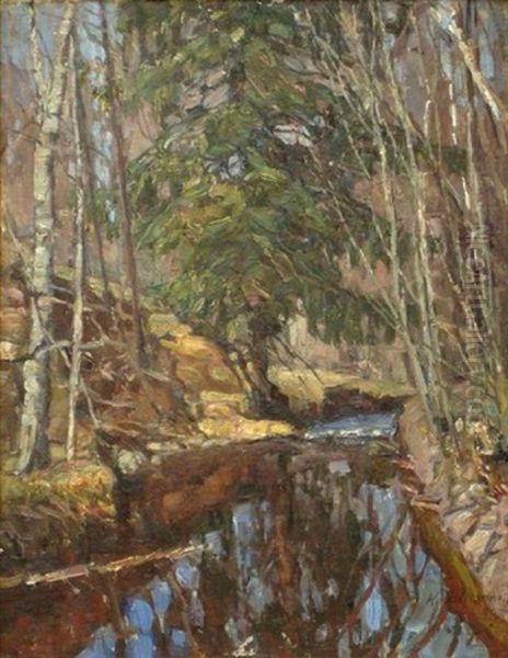 River In The Forest Oil Painting by Konstantin Semionovich Vysotsky