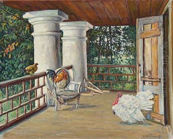 A Turkey And Chicken On A Terrace Oil Painting by Konstantin Semionovich Vysotsky