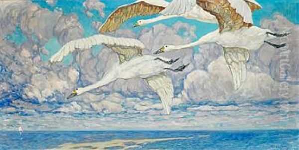 Three Flying Swans Oil Painting by Konstantin Semionovich Vysotsky