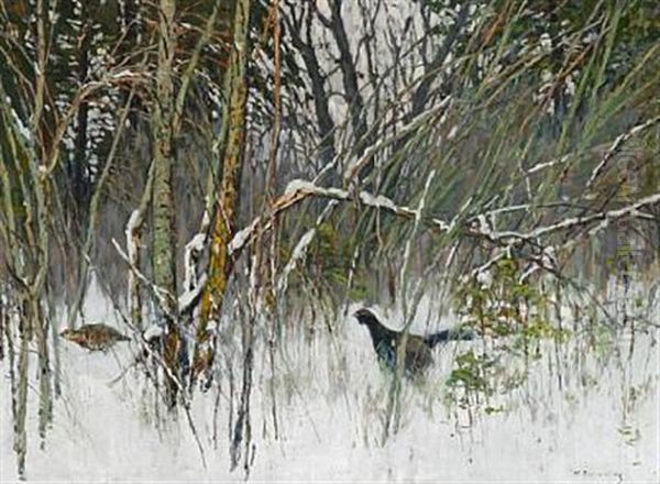 Two Pheasants On The Fringe Of The Forest, Winter Oil Painting by Konstantin Semionovich Vysotsky