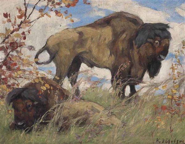 Bison Oil Painting by Konstantin Semionovich Vysotsky