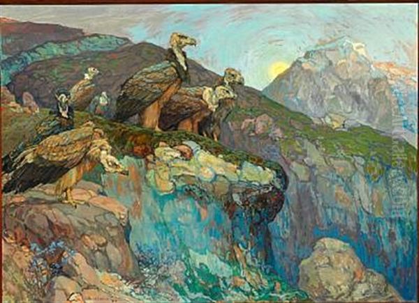 Mountainous Landscape At Sunset With Vultures Looking For A Prey Oil Painting by Konstantin Semionovich Vysotsky