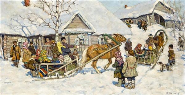 Winter Sleigh Ride Oil Painting by Konstantin Semionovich Vysotsky