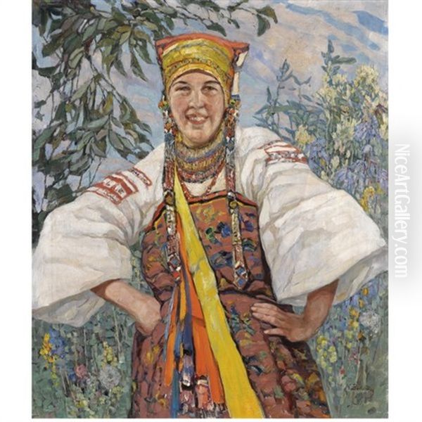 Young Woman In Traditional Ukrainian Costume Oil Painting by Konstantin Semionovich Vysotsky