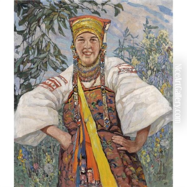 Young Woman In Traditional Ukrainian Costume Oil Painting by Konstantin Semionovich Vysotsky