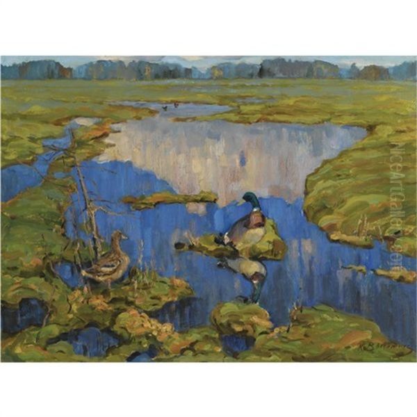 Ducks On A Marsh Oil Painting by Konstantin Semionovich Vysotsky