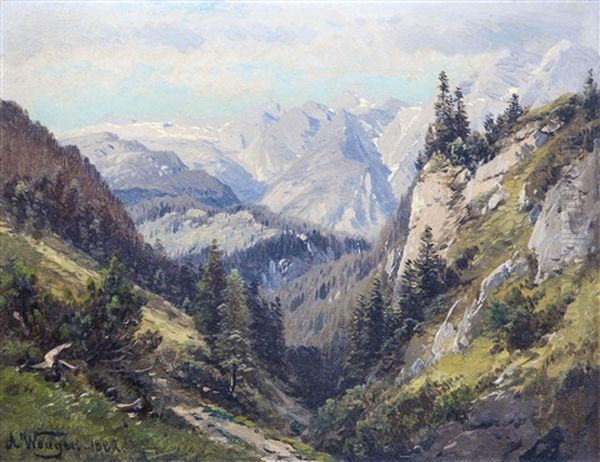 Holzbrucke In Waldlichtung Mit Blick Auf Das Hochbrett In Berchtesgaden (+ Blick Uber Die Berchtesgadener Alpen Von Der Konigsbergalpe Richtung Hundstod; 2 Works) Oil Painting by Adalbert Waagen