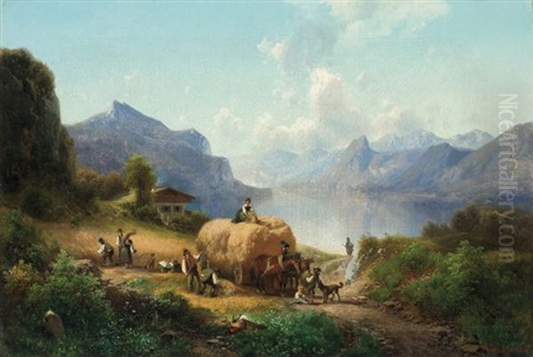 Hay Farming Oil Painting by Adalbert Waagen