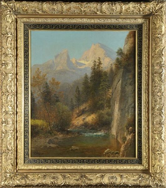 Gebirgsbach Im Wald Mit Watzmann Oil Painting by Adalbert Waagen