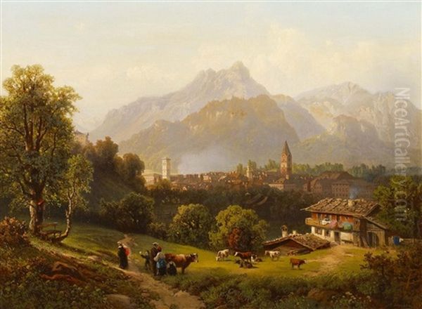 Abendstimmung Bei Einem Stadtchen In Den Alpen (berchtesgaden?) Oil Painting by Adalbert Waagen