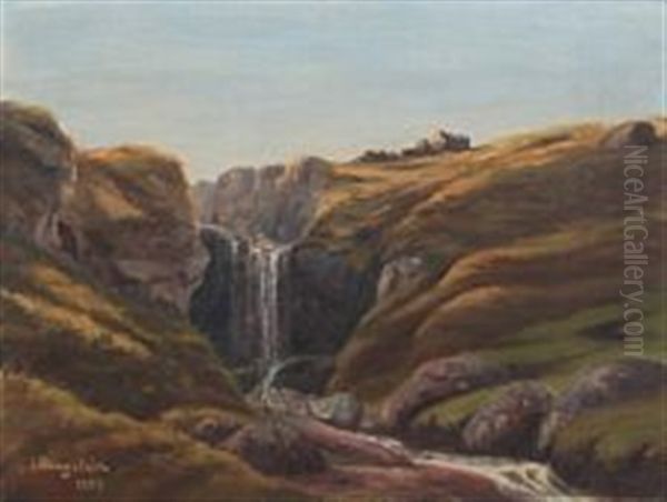 Landscape With Waterfall Oil Painting by Joen Waagstein