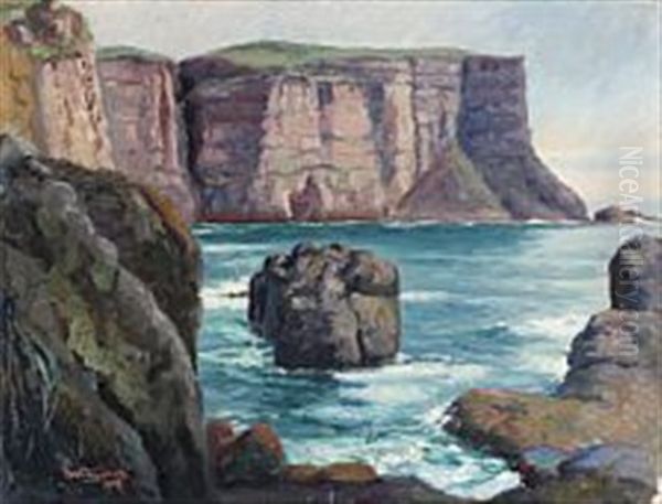 A Rocky Coastal Scene From The Faroe Islands Oil Painting by Joen Waagstein