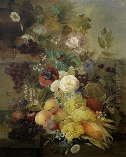 A Terracotta Urn With Fruit And Flowers Oil Painting by Jan Van Der Waarden