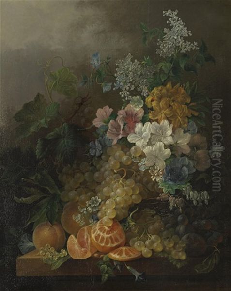 A Still Life With Flowers, Peaches, Grapes And A Peeled Orange, All Resting On A Table Oil Painting by Jan Van Der Waarden