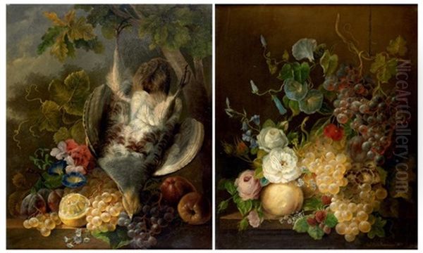 Nature Morte De Fleurs Et Grappes De Raisins, Nature Morte A La Perdrix, Aux Fruits Et Fleurs (2 Works) Oil Painting by Jan Van Der Waarden