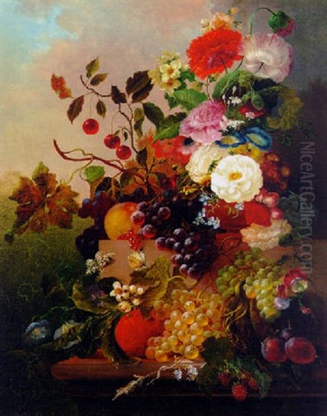 Poppies, Peonies, Roses And Other Flowers With Grapes, Cherries, And Plums On A Marble Ledge Oil Painting by Jan Van Der Waarden