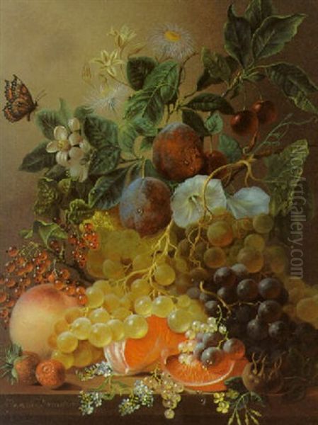 Plums, Grapes, An Orange And Other Fruit And Flowers On A Ledge Oil Painting by Jan Van Der Waarden