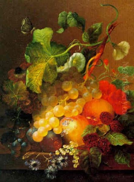 Still Life With Fruit, Flowers And Butterflies Oil Painting by Jan Van Der Waarden