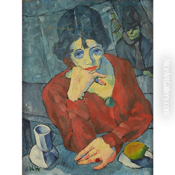 Woman In A Cafe Oil Painting by Aloys (Wachlmayr) Wach