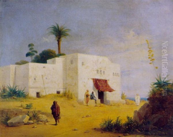 Algerisches Haus Mit Figurenstaffage Am Mittelmeer Oil Painting by Ferdinand Wachsmuth