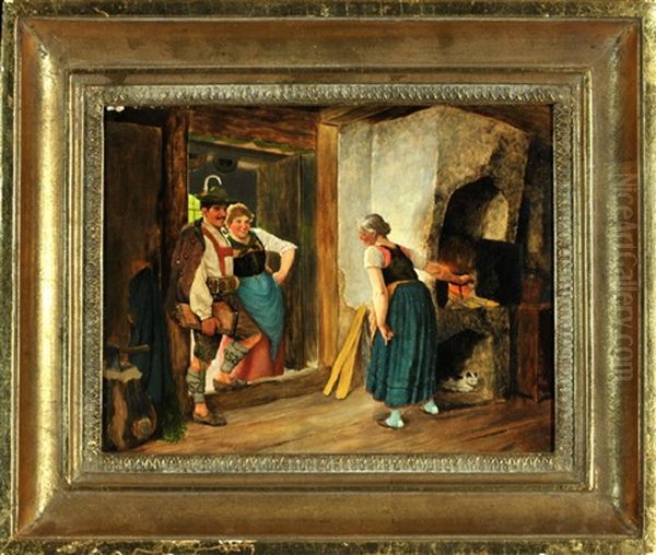 Zitherspieler Und Dirndl Zu Besuch Bei Bauerin In Der Stube Oil Painting by Maximilian Wachsmuth